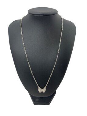 Butterfly Pendant Necklace Rhinestone Detailing On Silver-Tone Chain